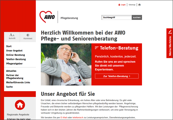 Neue Website für AWO Telefon- und Online-Pflege- und Seniorenberatung - das Bild zeigt die Startseite der Website
