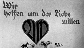 Werte und Auftrag - historisches Logo der AWO und Schriftzug "Wir helfen um der Liebe willen"